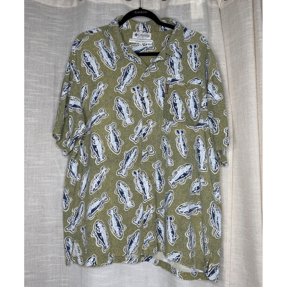 Vintage Columbia Trout Fish‎ Pattern Camp Shirt Green Blue Loop Collar LARGE